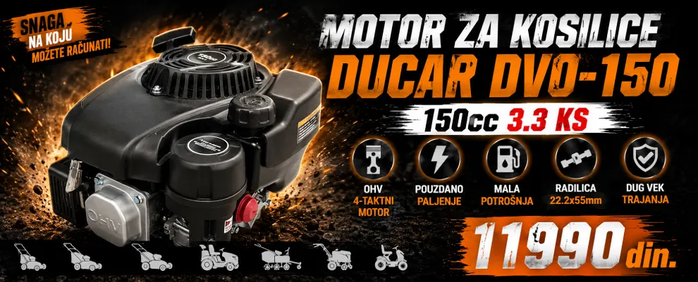 Ugradni motor Ducar DVO-150 150cc 3,3 KS OHV, radilica 22,2x55mm – zamena za motore kosilica Briggs, Honda, Tecumseh.