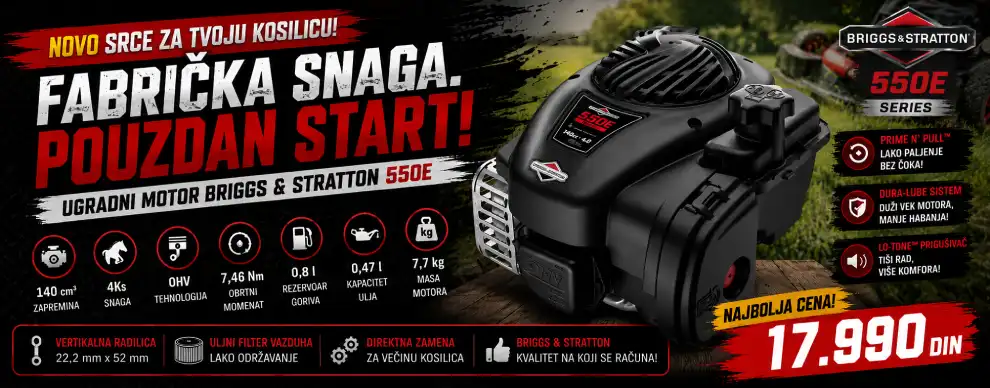 Stara kosilica teško pali, gubi kompresiju ili dimi plavo pri radu? Umesto skupog servisa nesigurnog ishoda, ugradni motor Briggs & Stratton 550E Series 140cc 4KS vraća kosilici fabričku snagu i pouzdano startovanje, uz vertikalnu radilicu prilagođenu za direktnu zamenu na većini kućišta noža.  Ovaj jednocilindrični četvorotaktni motor sa OHV razvodom razvija dovoljan obrtni momenat za redovno košenje travnjaka manjih i srednjih površina, a Prime N' Pull™ sistem paljenja eliminiše potrebu za čokom i olakšava start i na hladnom motoru.