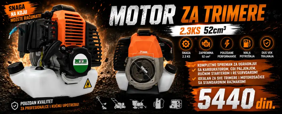 Motor za trimer MTB 52cc 2,3KS – kompletan zamenski 2T motor. Odgovara Villager BC 900 BC 1250 Demon RQ520 RQ580 i svim 52cc trimerima.