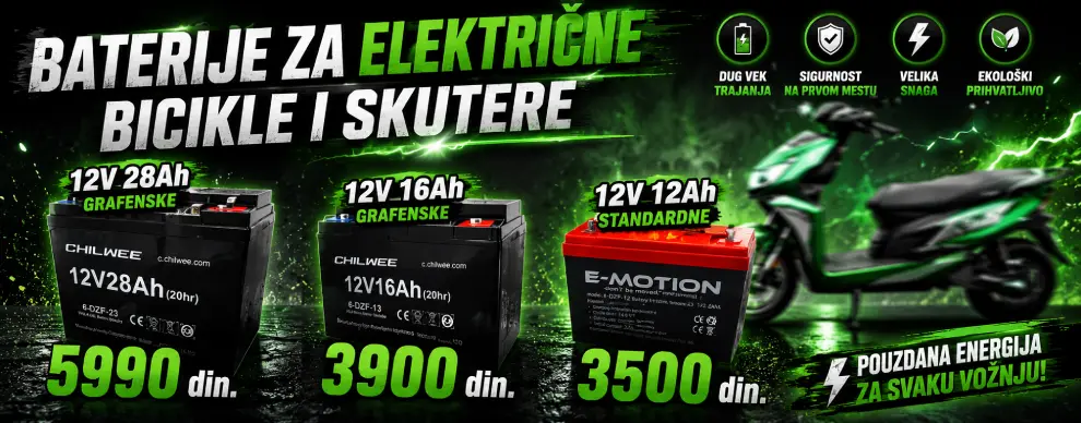 Naša ponuda obuhvata akumulatore i baterije za električne bicikle i skutere različitih kapaciteta i karakteristika kako bi zadovoljila sve vaše potrebe. Bez obzira na to da li tražite bateriju za električni bicikl za zamenu ili nadogradnju, kod nas ćete pronaći sve što vam je potrebno. Naše baterije za električne bicikle i akumulatori za električne skutere pružaju pouzdan izvor energije, omogućavajući vam da uživate u neometanoj vožnji bez brige o dometu