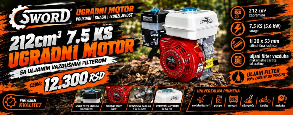 Motor ugradni Sword 212cm³ 7,5 KS fi 20x53mm sa uljanim vazdušnim filterom  Ako Vam je motokultivator, agregat ili vibro ploča ostala bez pogona, ili tražite pouzdanu zamenu za istrošeni motor koji radi u prašnjavim uslovima, ovaj ugradni motor Sword od 212cm³ rešava problem jednom, sa filterom koji je dizajniran baš za tešku, terensku upotrebu.  Motor je konstruisan po Honda GX seriji (OHV, jednocilindrični, vazdušno hlađen), zapremine 212 cm³, snage 7,5 KS (5,6 kW), sa cilindričnom radilicom prečnika Ø 20 mm i dužine 53 mm.